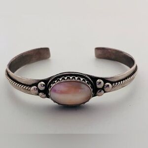 Sterling Silver Mother of Pearl Cuff Native American Vintage Bracelet